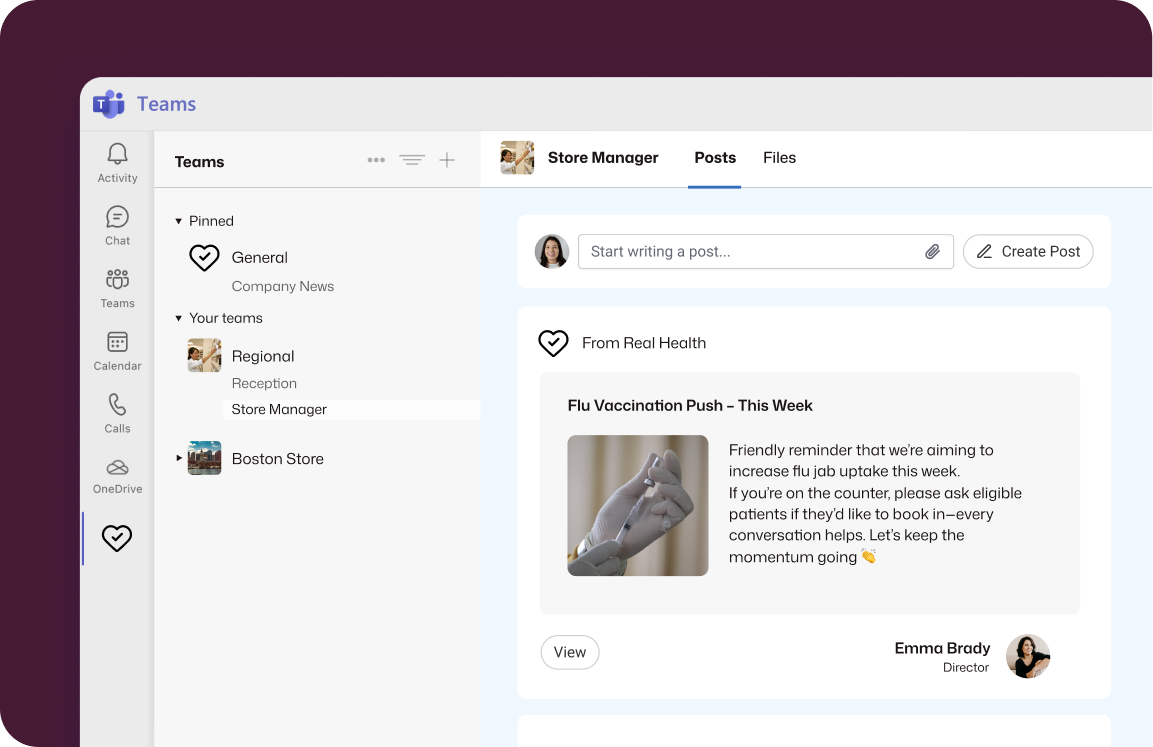 Microsoft Teams Store Manager channel showing a Flu Vaccination Push post from Emma Brady, Director, with an image of a vaccine syringe and a reminder for counter staff to encourage bookings.