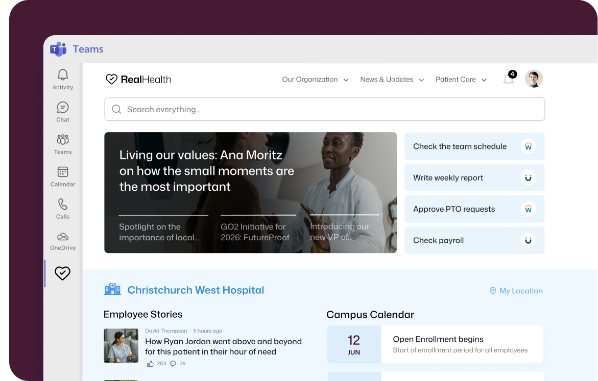 Microsoft 365 intranet integrations in Teams: the RealHealth homepage displaying news stories, employee quick-action shortcuts, and a Christchurch West Hospital campus calendar.