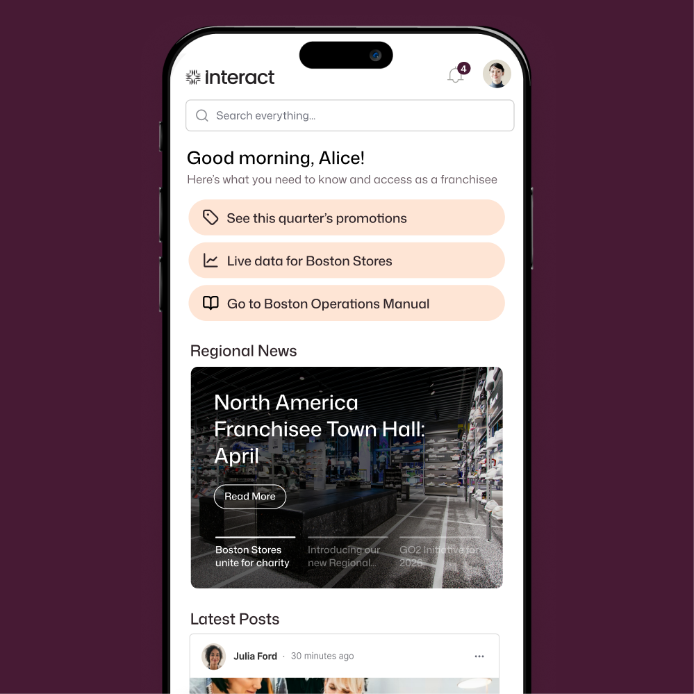 Interact franchisee mobile home for Alice with quick links to quarterly promotions, live Boston Stores data, the Operations Manual, and a North America Franchisee Town Hall news story.