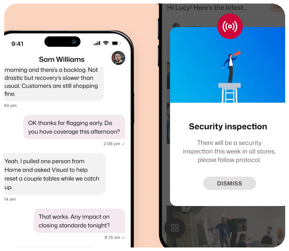 Two Interact mobile screens: a store staffing chat about shift coverage and an urgent broadcast alert notifying all stores of a security inspection this week.