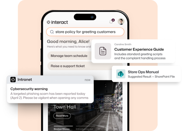 Interact intranet mobile app home screen for Alice showing a natural language search for "store policy for greeting customers," surfacing the Customer Experience Guide by Caroline Smith and a suggested Store Ops Manual SharePoint file, alongside a cybersecurity phishing warning push notification and a Town Hall news banner.