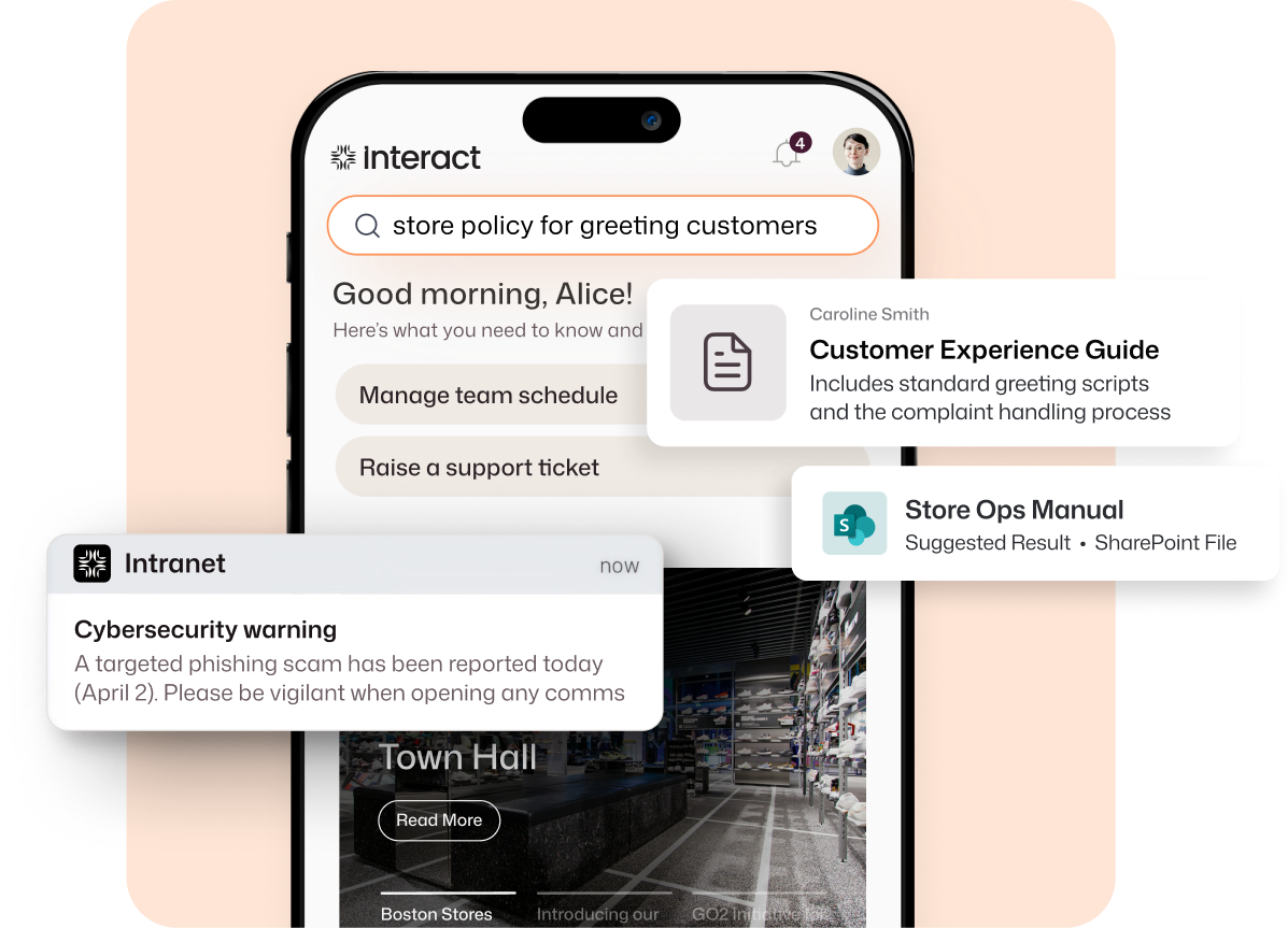 Interact intranet mobile app home screen for a retail employee named Alice, showing a natural language search for store greeting policies, surfacing the Customer Experience Guide and Store Ops Manual, alongside a cybersecurity push notification warning staff about a phishing scam.