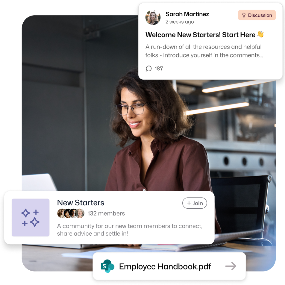Interact onboarding experience showing Sarah Martinez's Welcome New Starters post with 187 comments, a New Starters community with 132 members, and an Employee Handbook PDF.