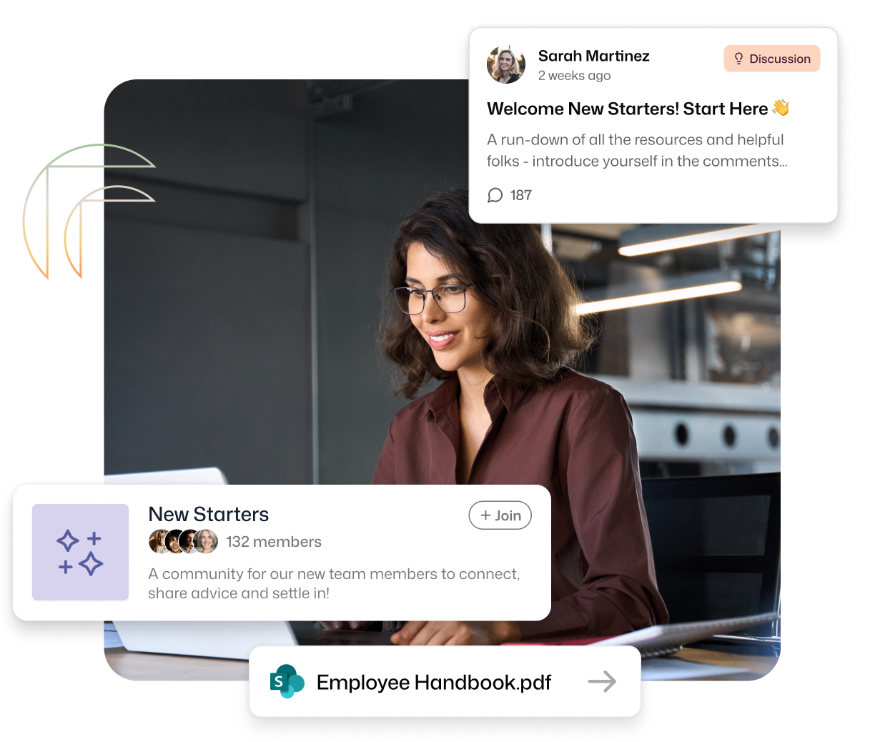 Employee onboarding software dashboard showing a woman working at a laptop, with UI overlays highlighting a New Starters community group with 132 members, a welcome discussion post by Sarah Martinez with 187 comments, and a linked Employee Handbook PDF.
