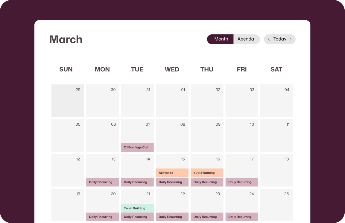 March intranet calendar view displaying company events including Q1 Earnings Call, All Hands, 401k Planning, and Team Building alongside weekday daily recurring entries.