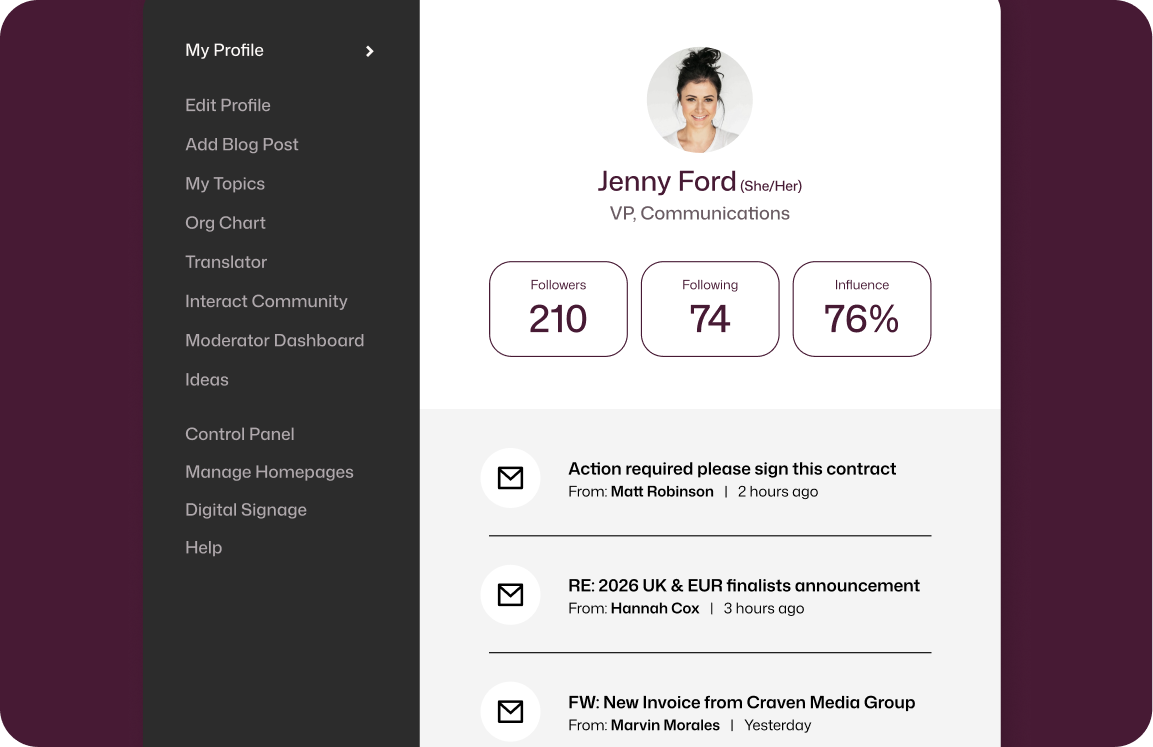 Jenny Ford (She/Her), VP of Communications, profile page showing 210 followers, 74 following, and 76% influence score, with recent email notifications from Matt Robinson and Hannah Cox visible below.