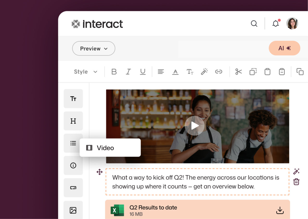 Interact page editor showing a hospitality video block, a selected Q2 text block, and a Q2 Results Excel file downloadable at 16 MB, with AI assist available.