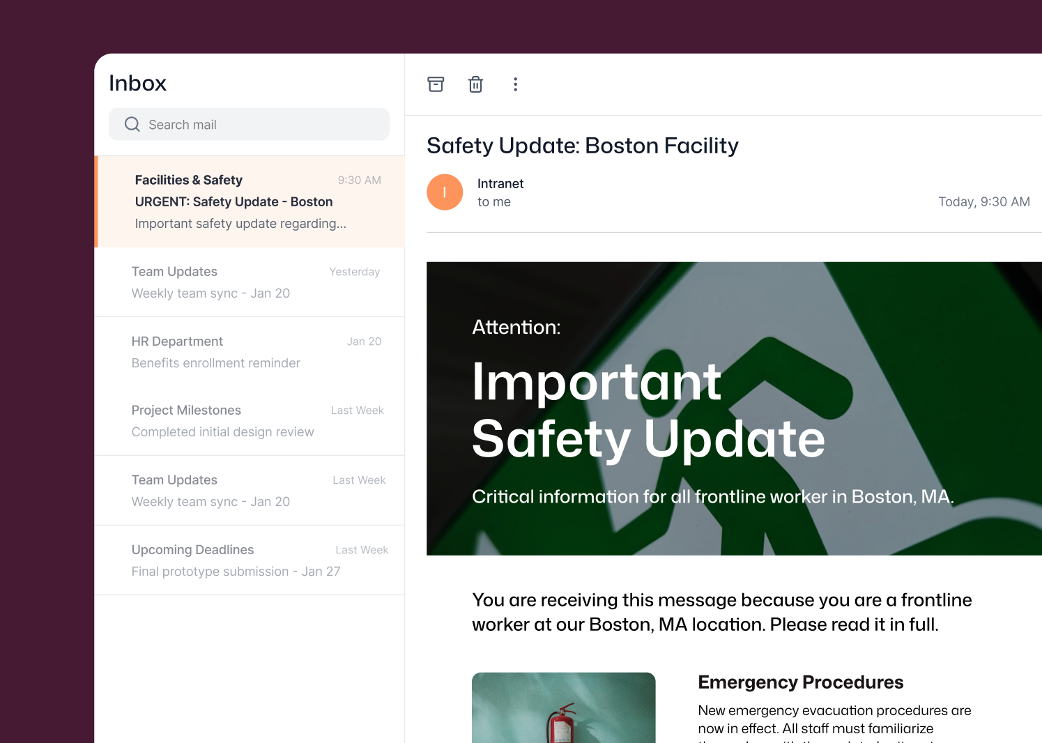 Interact intranet urgent safety email shown open in an inbox, sent from Facilities & Safety to all frontline workers at the Boston, MA location, detailing new emergency evacuation procedures and referencing updated emergency procedures with a fire extinguisher image.