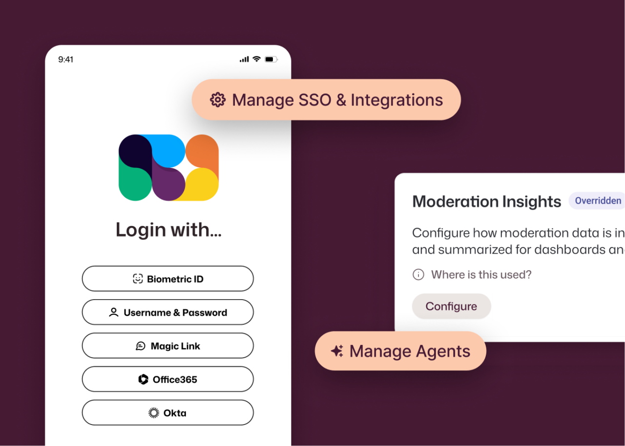Enterprise IT platform Interact showing mobile login options including Biometric ID, Magic Link, Office 365, and Okta, with admin controls for SSO, integrations, and AI agent management.