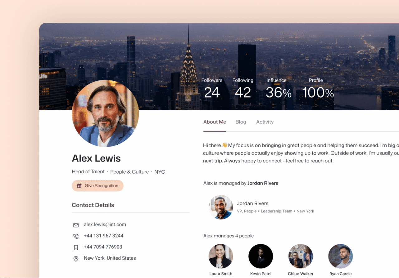 Employee profile page for Alex Lewis, Head of Talent at People & Culture in New York, displaying contact details, org chart connections, follower stats, and an About Me section — illustrating a LinkedIn-style internal directory.