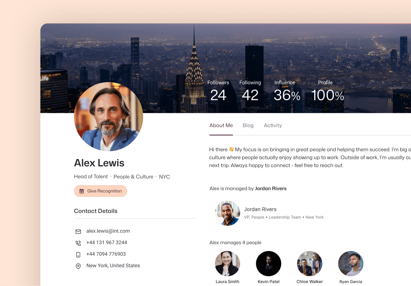 Interact profile for Alex Lewis, Head of Talent in NYC, showing 100% completion, manager Jordan Rivers, and four direct reports including Laura Smith and Kevin Patel.