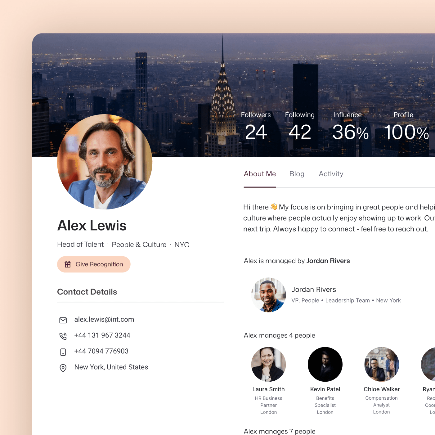 Interact profile for Alex Lewis, Head of Talent in NYC, with 24 followers, 36% influence, manager Jordan Rivers, and direct reports Laura Smith, Kevin Patel, and Chloe Walker.