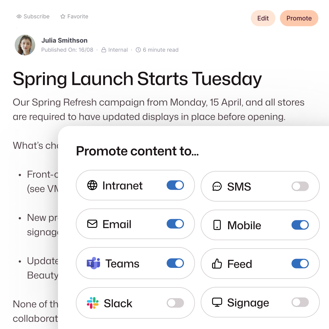 Interact content promotion panel for a Spring Launch article by Julia Smithson, with channel toggles enabled for Intranet, Email, Teams, Mobile, and Feed.