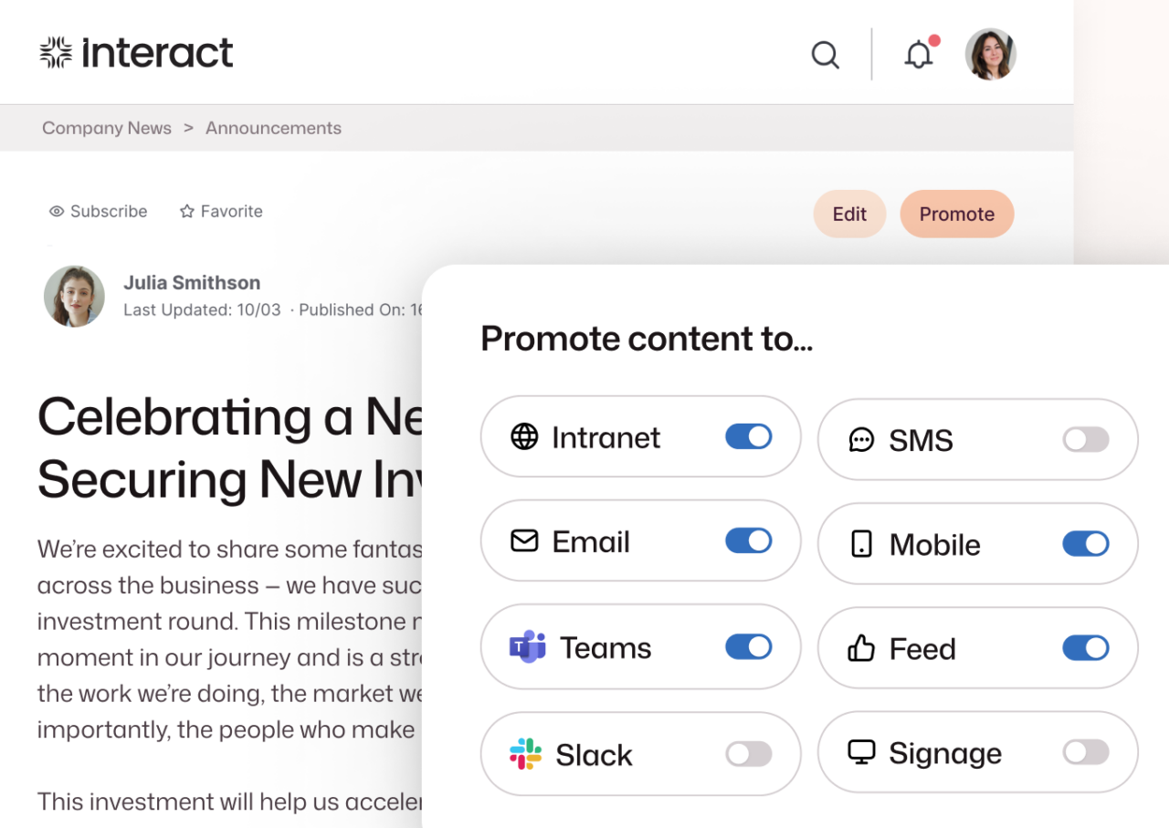 Interact intranet content promotion panel overlaid on a company announcement page, showing toggle controls to distribute content across multiple channels including Intranet, Email, Teams, Mobile, Feed, Slack, SMS, and Signage — with Intranet, Email, Teams, Mobile, and Feed currently enabled.