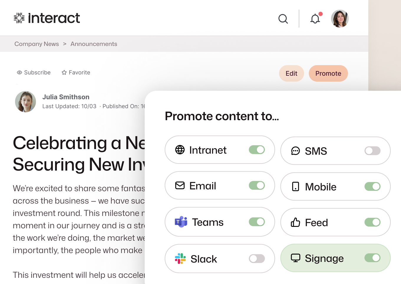 Interact's Promote panel with toggles for Intranet, Email, Teams, Mobile, Feed, and Signage enabled on a company announcement by Julia Smithson.