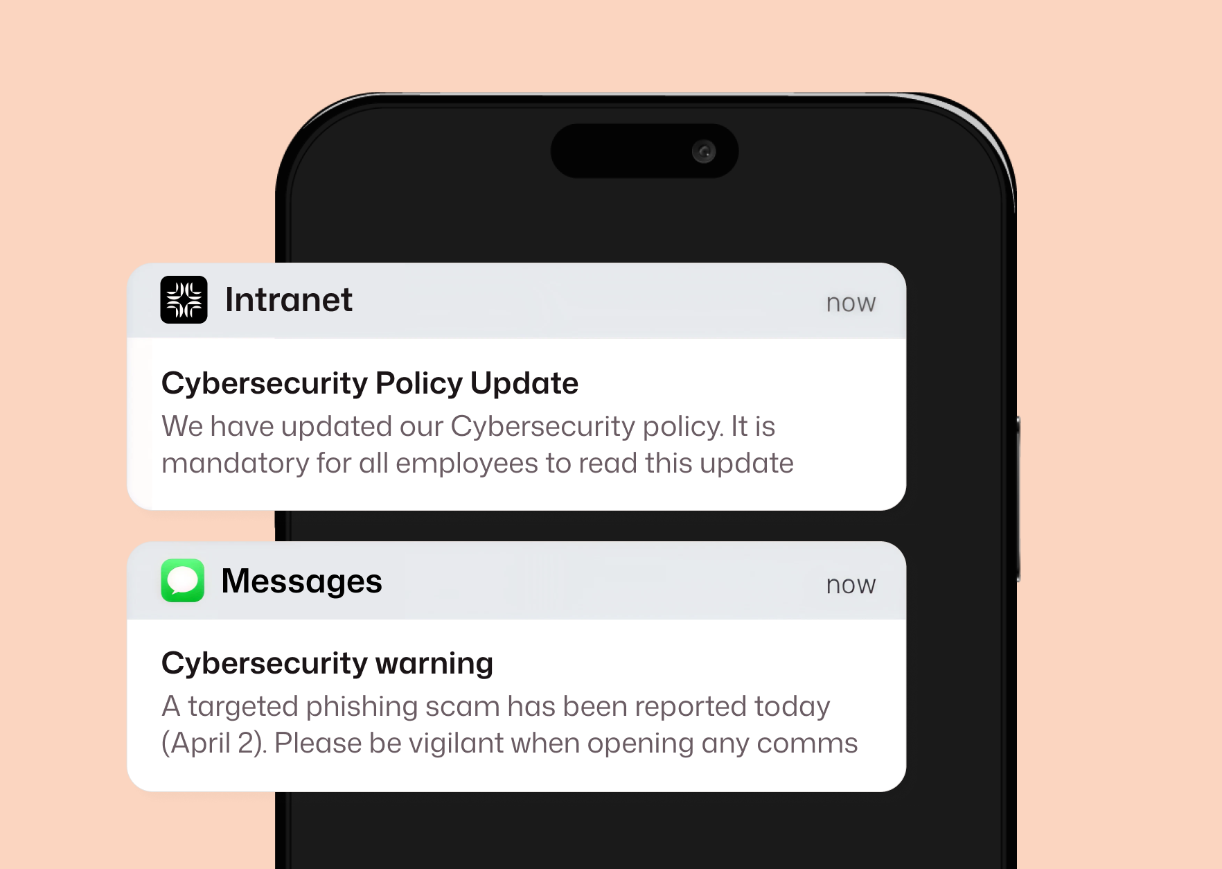 Two Interact push notifications: a mandatory cybersecurity policy update via Intranet and a phishing scam warning via Messages, both delivered in real time.