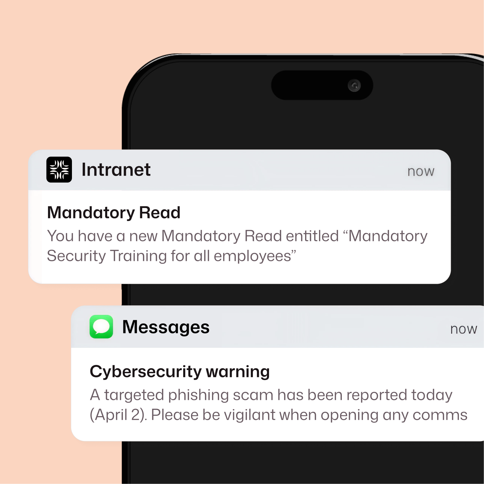 Two Interact mobile push notifications: a mandatory security training alert via Intranet and a phishing scam warning via Messages, both delivered in real time.