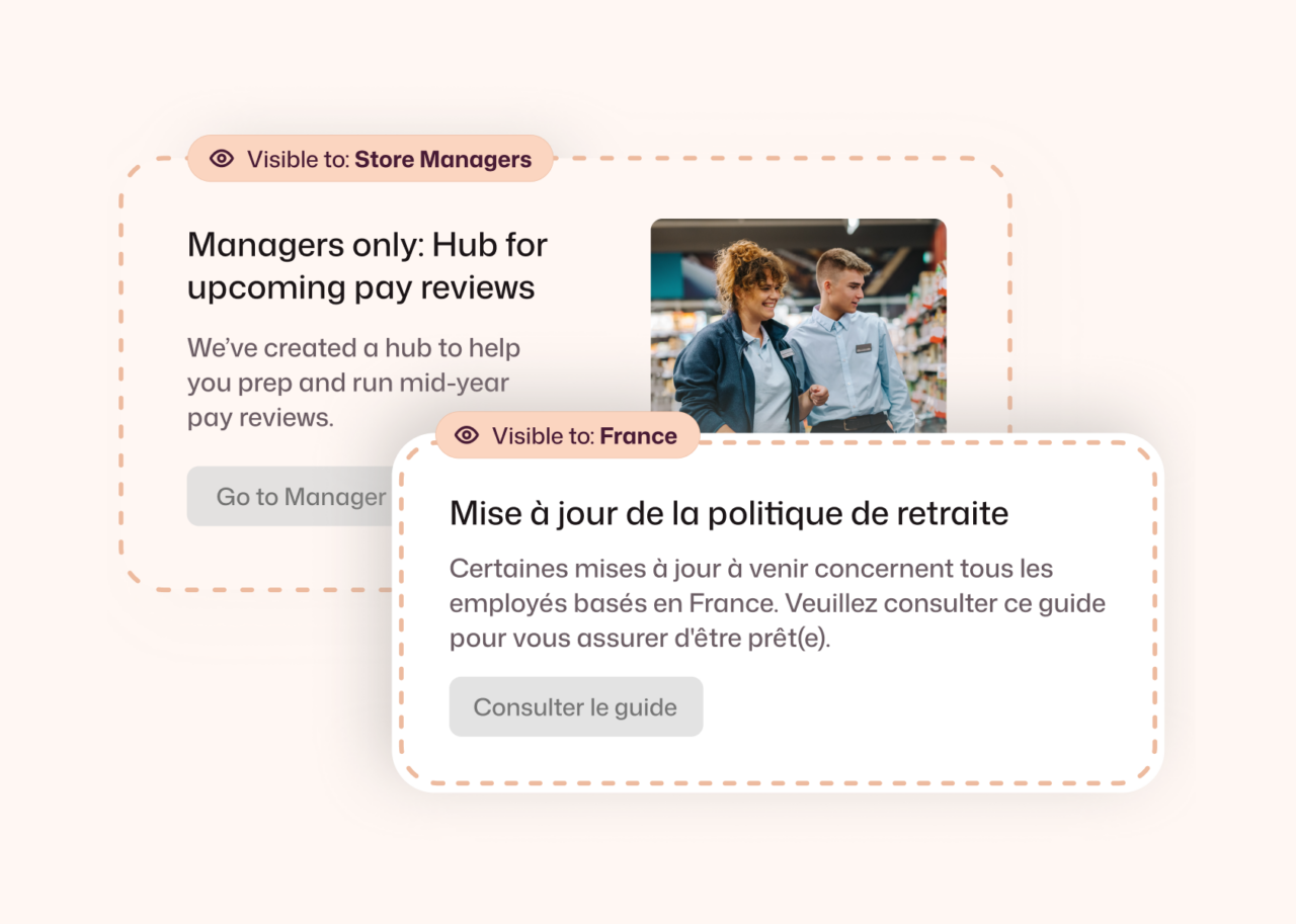 Two targeted content blocks showing a pay review hub for Store Managers and a French-language retirement policy update for France employees.