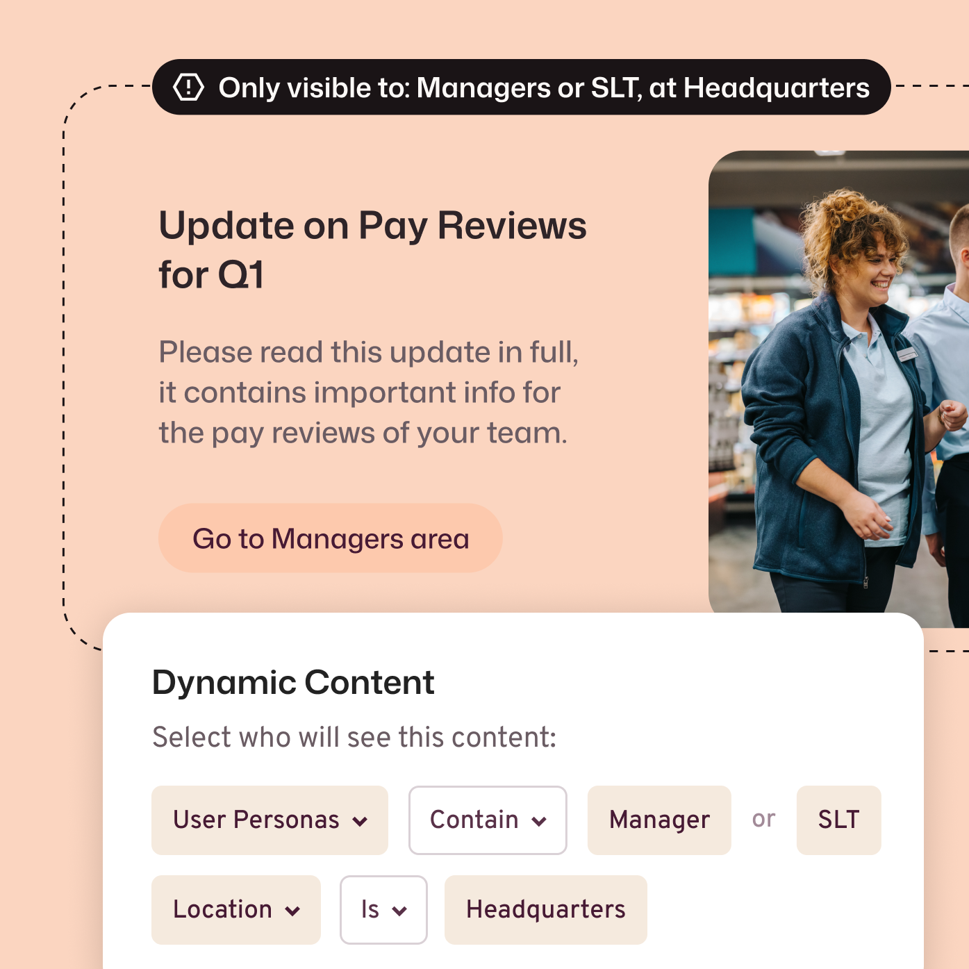 Interact Dynamic Content targeting a Q1 pay review article to Managers and SLT at Headquarters, using User Persona and Location filters in the content editor.