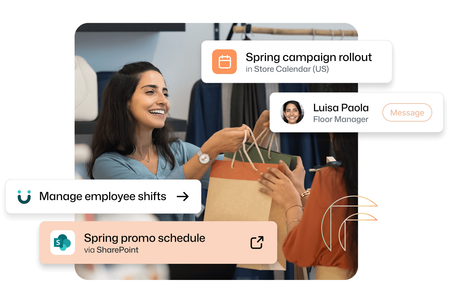Internal comms platform for retail Interact showing overlays for a Spring campaign event, Floor Manager Luisa Paola's profile, UKG shift management, and a Spring promo schedule via SharePoint.