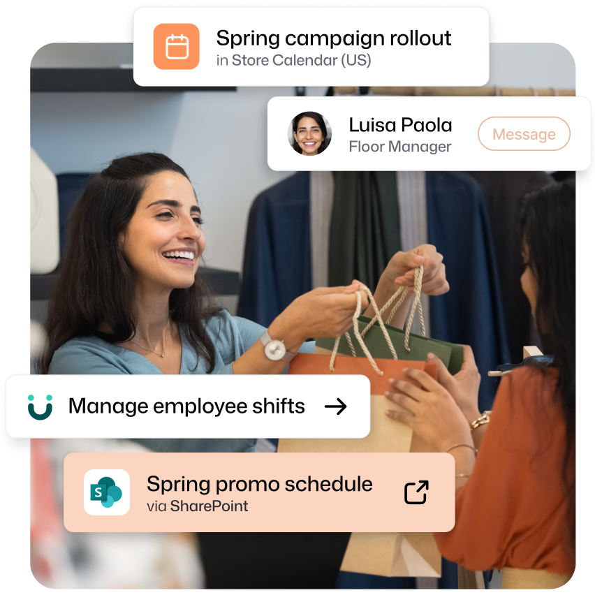 Retail store associate handing a shopping bag to a customer, with intranet overlays showing a spring campaign event, Floor Manager Luisa Paola's contact card, and a SharePoint promo schedule.
