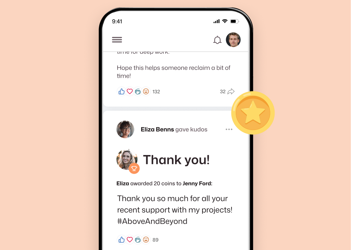 Interact employee recognition software mobile view showing Eliza Benns awarding 20 coins to Jenny Ford with a #AboveAndBeyond kudos message, alongside a gold star reward coin graphic and a social feed post with 89 reactions.