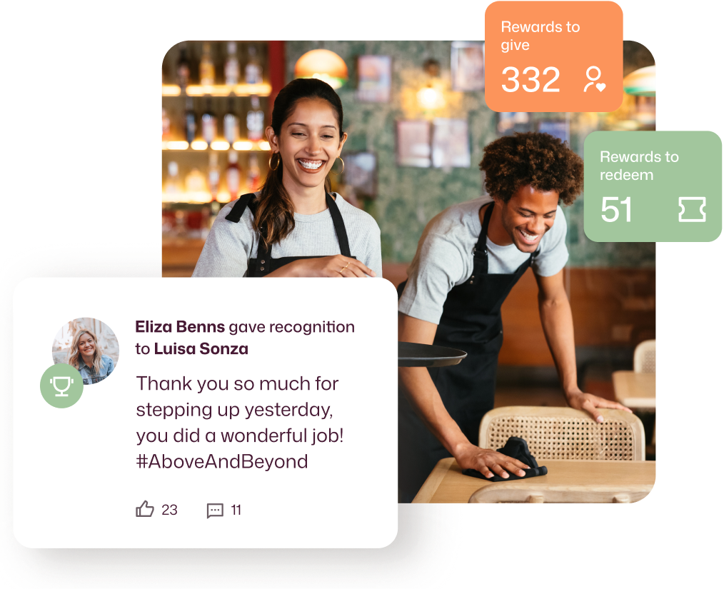 Employee recognition software dashboard showing two restaurant workers smiling, with UI overlays displaying 332 rewards available to give and 51 to redeem, alongside a recognition post from Eliza Benns to Luisa Sonza tagged #AboveAndBeyond with 23 likes and 11 comments.