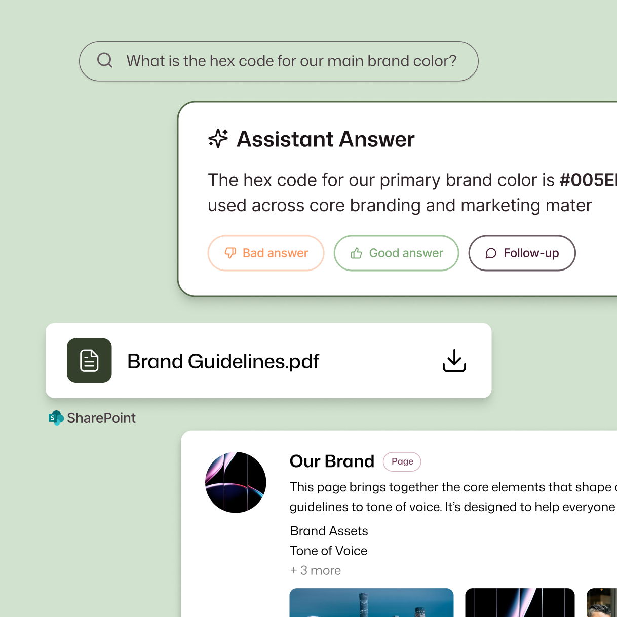 
Interact intranet AI search assistant answering a brand query by returning the primary hex color code, alongside a downloadable Brand Guidelines PDF from SharePoint and a linked Our Brand intranet page covering brand assets, tone of voice, and additional resources.
