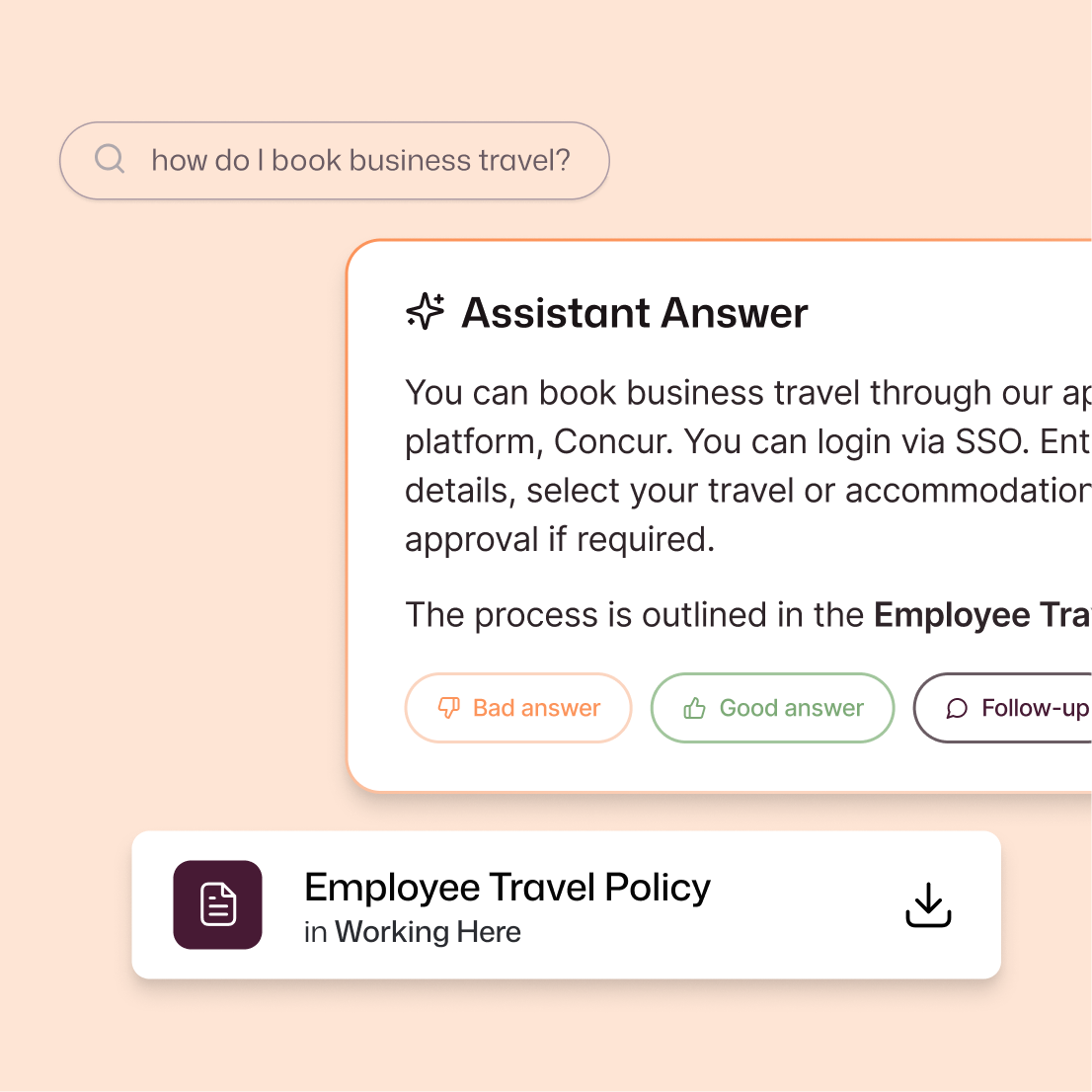 Interact intranet AI search assistant answering the query "how do I book business travel?" with step-by-step guidance referencing the Concur platform and SSO login, alongside a downloadable Employee Travel Policy document linked from the Working Here section.