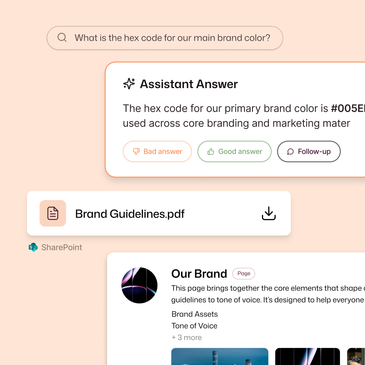 Interact AI assistant answering a brand hex code query and surfacing Brand Guidelines.pdf alongside a SharePoint brand page covering brand assets and tone of voice.