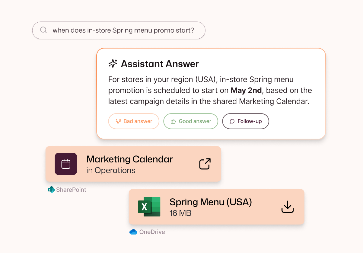 AI Assistant answering a Spring promo query and surfacing a SharePoint Marketing Calendar and OneDrive Spring Menu file as supporting sources.