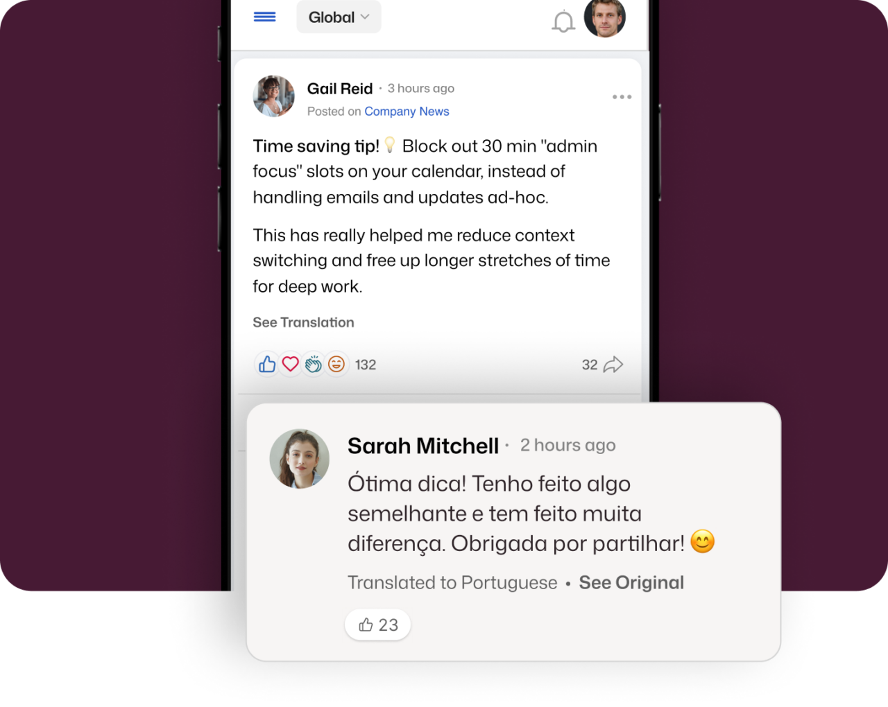 Interact intranet social feed showing a productivity tip posted by Gail Reid in English on Company News, with a comment from Sarah Mitchell automatically translated into Portuguese, with a "See Original" option visible below.