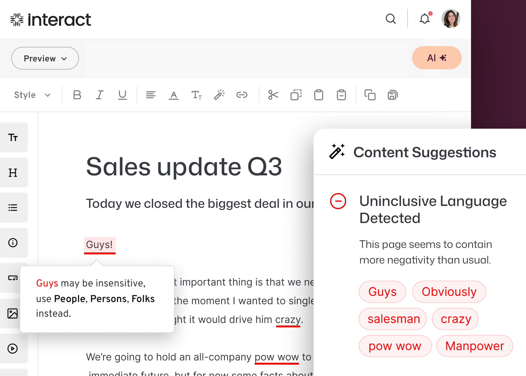 Interact intranet AI Content Suggestions panel flagging uninclusive language in a Sales Update Q3 page, highlighting terms such as "Guys," "salesman," "crazy," and "Manpower" with suggested alternatives, alongside a tooltip recommending "People," "Persons," or "Folks" as replacements.