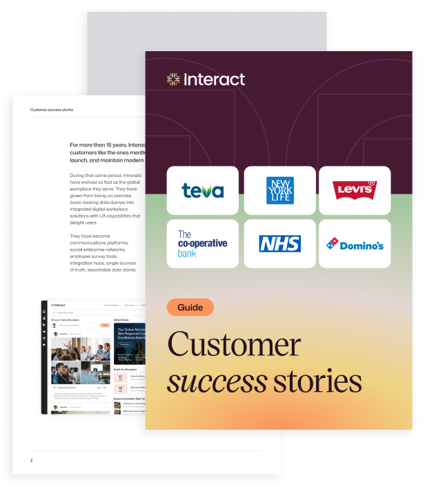 Cover of the Interact customers success stories guide, featuring logos for Teva, New York Life, Levi's, The Co-operative Bank, NHS, and Domino's alongside an interior spread.