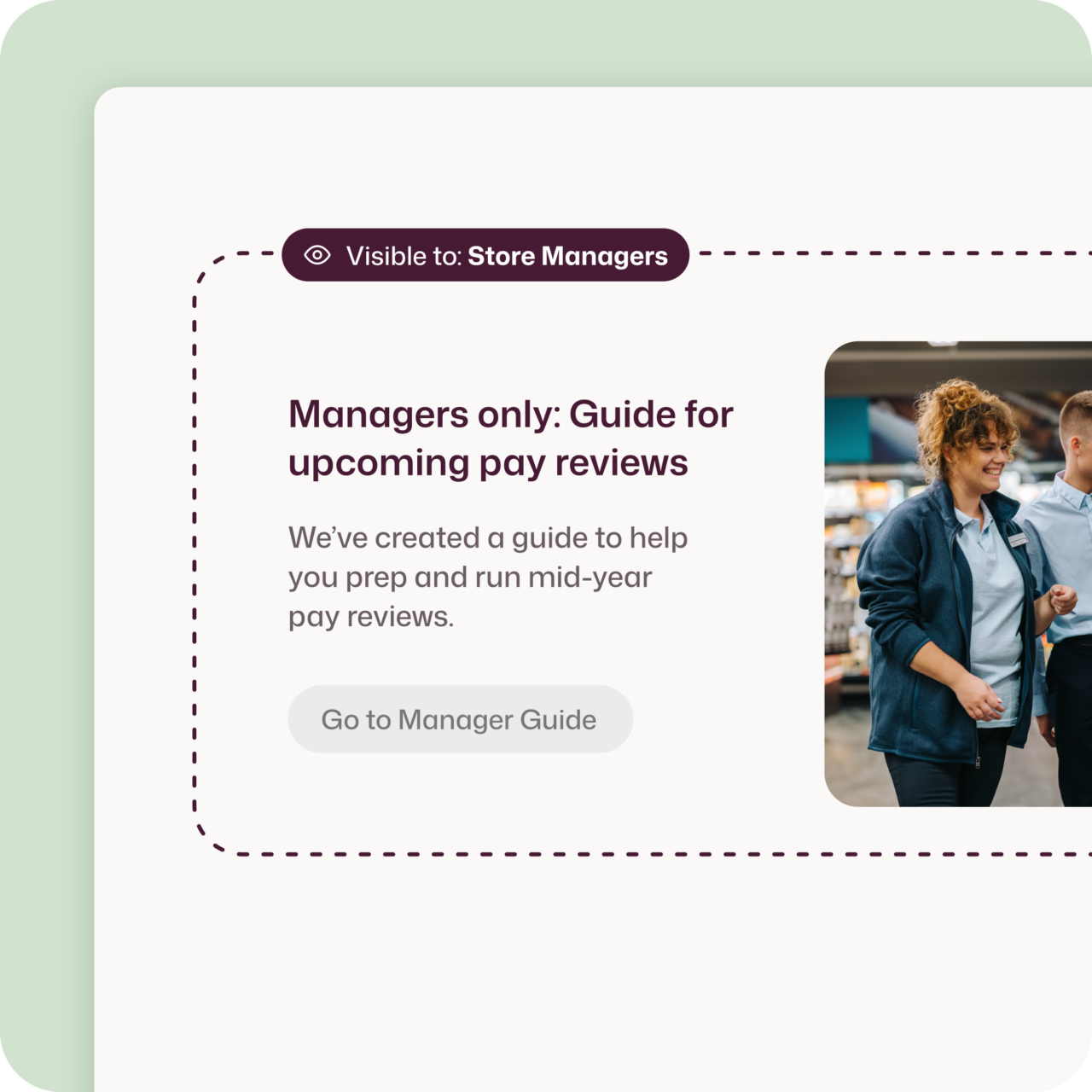 Interact intranet role-targeted content block restricted to Store Managers, displaying a Managers Only guide for upcoming mid-year pay reviews with a Go to Manager Guide call-to-action button, alongside an image of a smiling retail manager in a store environment.