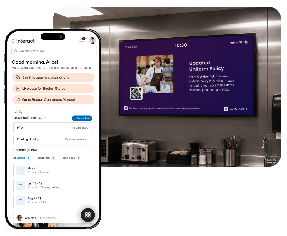 Interact mobile app showing Alice's leave balances and upcoming PTO alongside a break room digital signage screen displaying an updated uniform policy with a QR code.