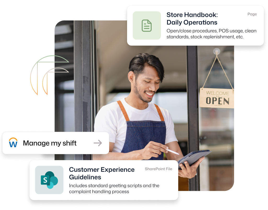 Franchise intranet software shown with a smiling store worker in an apron using a tablet, with links to the Store Handbook and Customer Experience Guidelines.