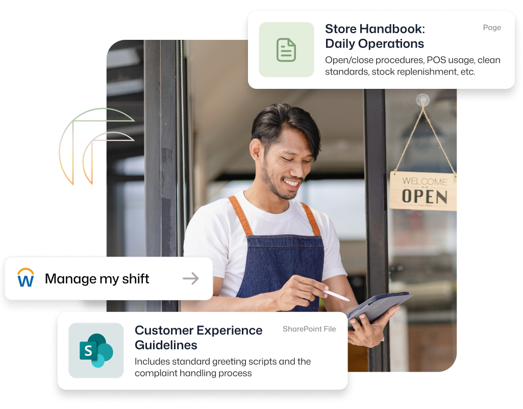 Personalized employee experience for a retail worker, showing a smiling store employee using a tablet with intranet overlays surfacing a Manage My Shift shortcut, a Store Handbook for Daily Operations, and a SharePoint-linked Customer Experience Guidelines document.