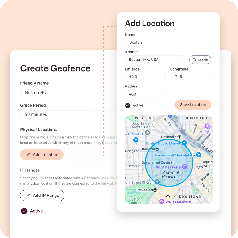 Interact geofence creation UI for Boston HQ, showing a 600m radius plotted on a downtown Boston map with fields for grace period and IP ranges.