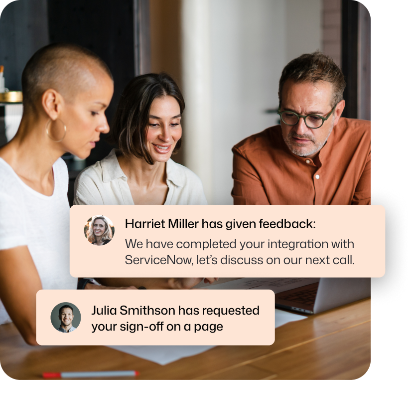 Three colleagues reviewing work together at a desk, with intranet notification overlays showing feedback from Harriet Miller confirming a ServiceNow integration and a page sign-off request from Julia Smithson.