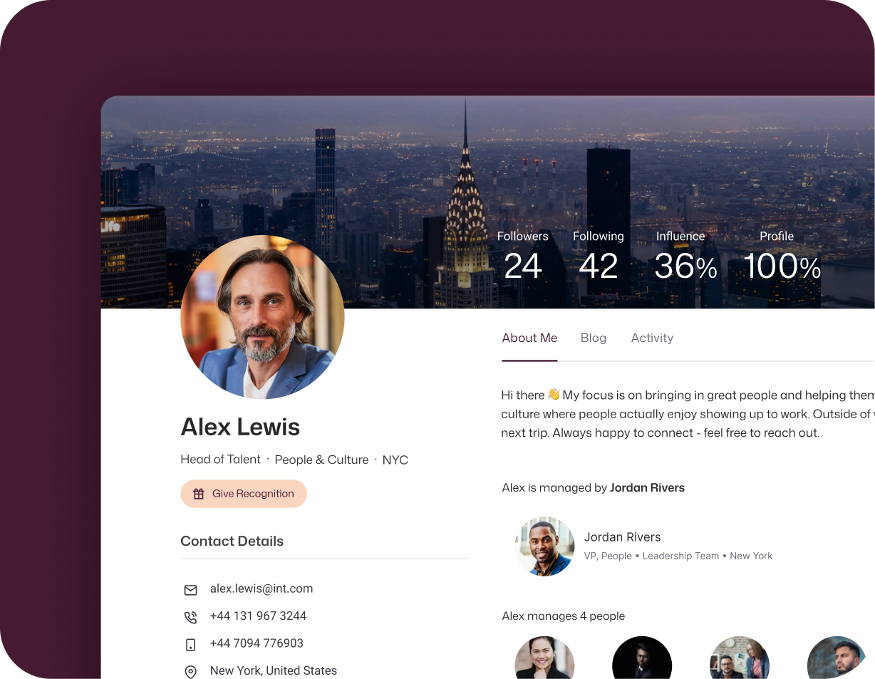 Interact intranet employee profile page for Alex Lewis, Head of Talent at People & Culture in New York, displaying contact details, an About Me bio, follower and influence stats, a Give Recognition button, and an org chart showing he is managed by Jordan Rivers, VP of People, and manages four direct reports.