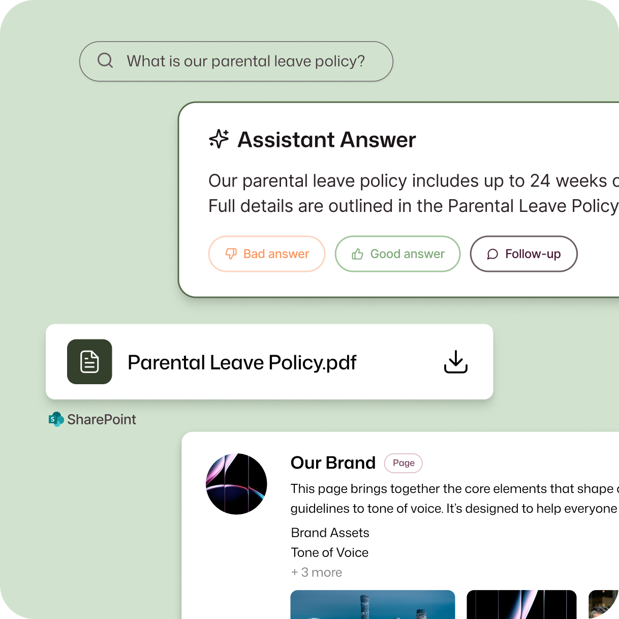 Interact intranet AI search assistant answering the query "what is our parental leave policy?" with a response referencing up to 24 weeks of leave, alongside a downloadable Parental Leave Policy PDF from SharePoint and a linked Our Brand intranet page covering brand assets and tone of voice.