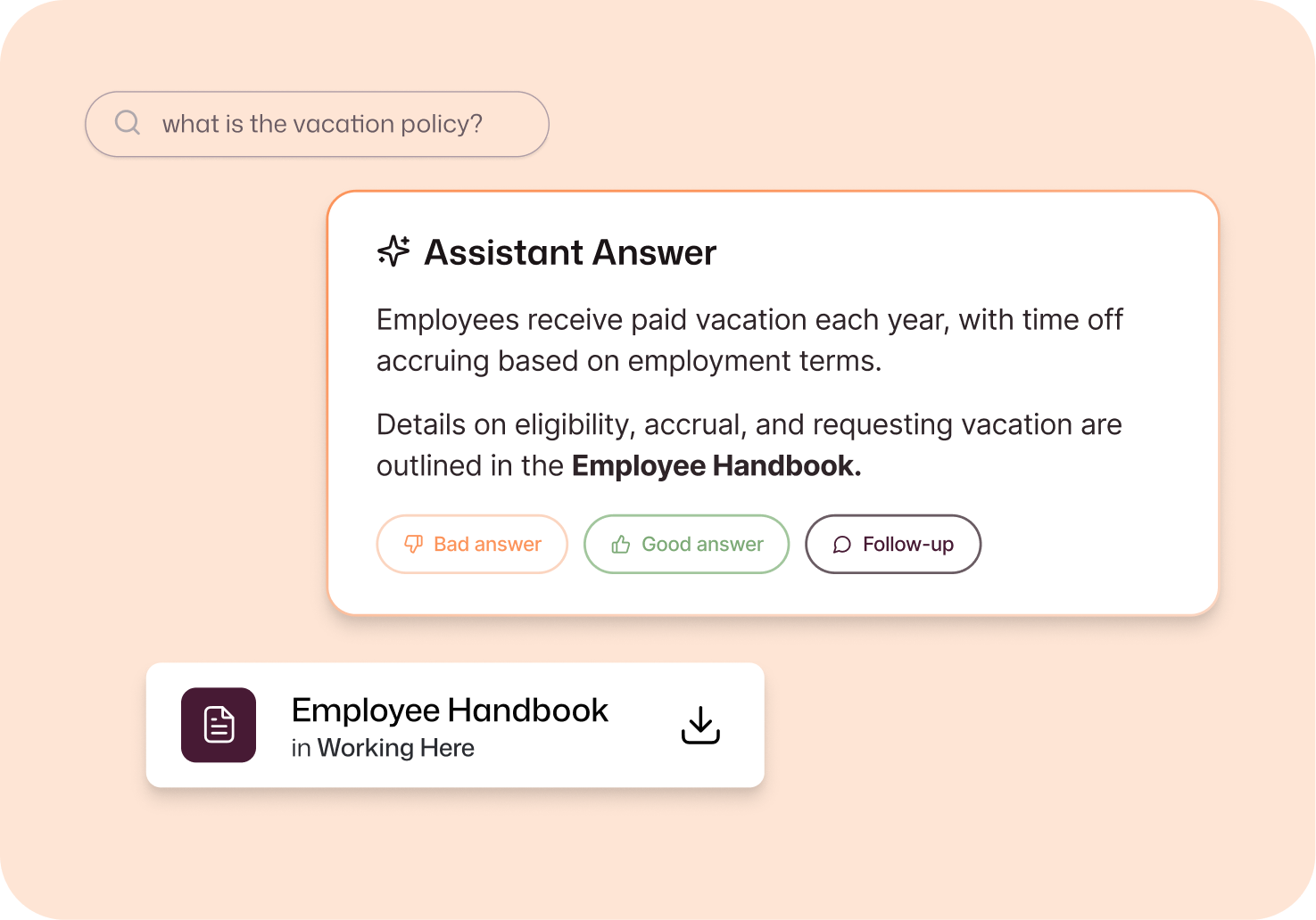 Interact AI Assistant answering a vacation policy query and linking to the Employee Handbook in Working Here for eligibility, accrual, and request details.