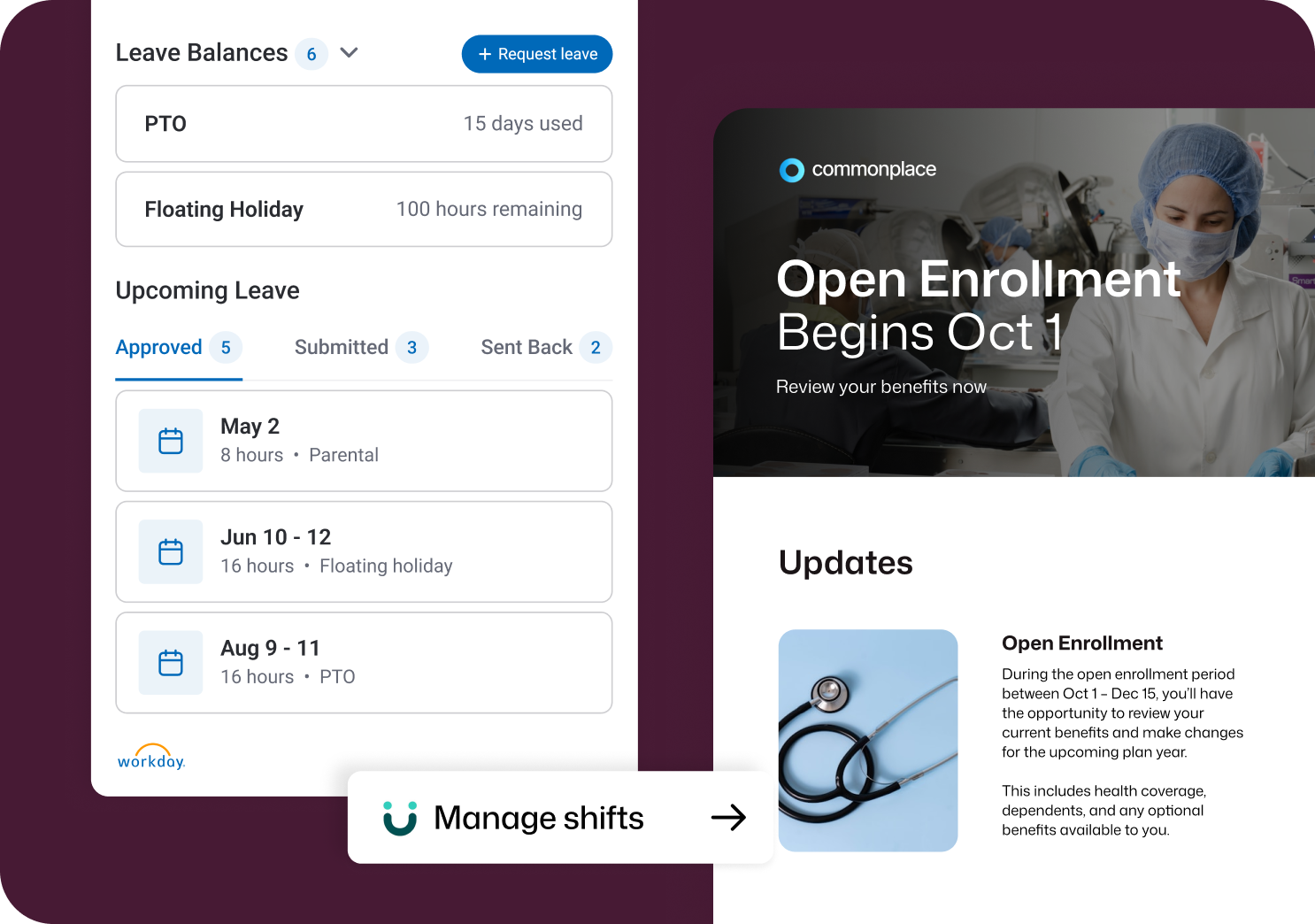 HR communication platform Interact showing Workday leave balances with 15 PTO days used, upcoming approved leave dates, and a Commonplace open enrollment email starting October 1st.