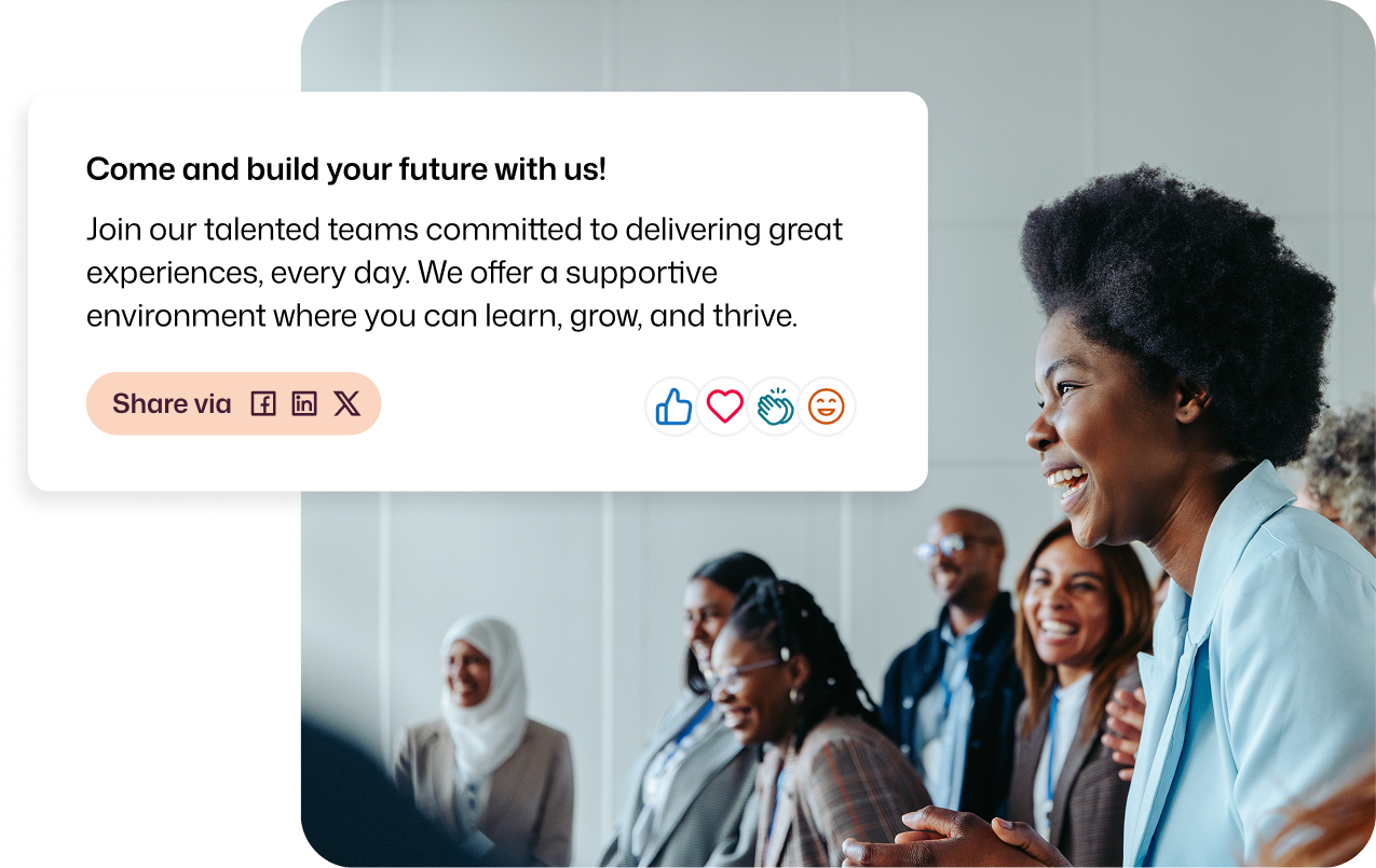 Employee advocacy software showing a shareable recruitment post with Facebook, LinkedIn, and X sharing options amid a smiling diverse team.