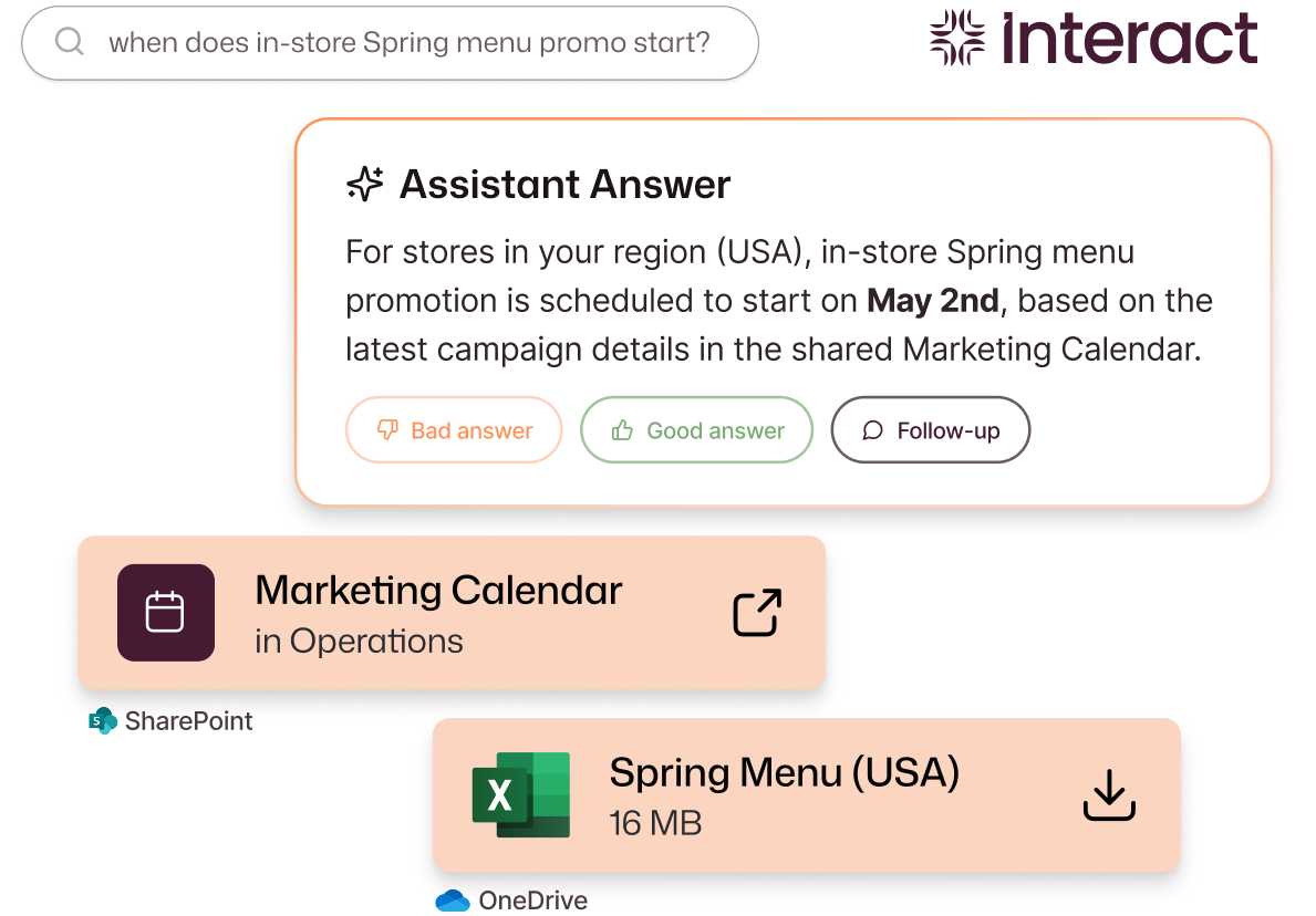 AI answering a real question in plain language and citing where the answer came from instead of sending someone hunting across apps.