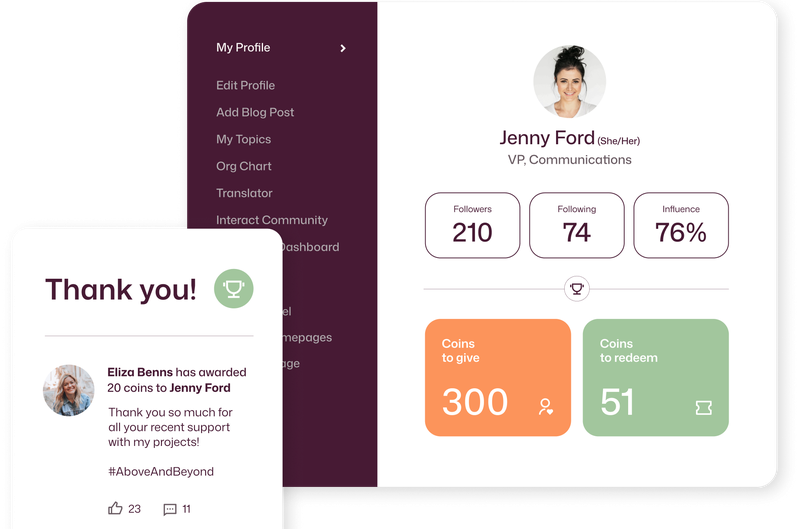 Interact analytics and profile menu showing follower count and employee engagement insights