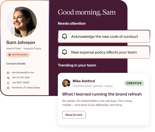 Interact intranet homepage greeting an employee, with a profile card, tasks needing attention and trending team posts