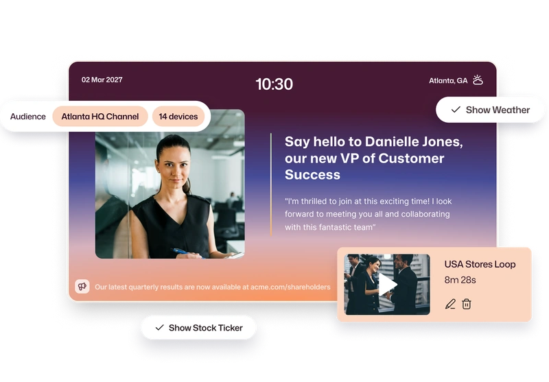 Interact digital signage screen announcing a new VP, with audience channel and playlist settings
