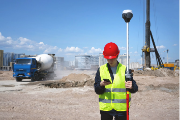Construction worker wearing a red hard hat and high-visibility jacket at an outdoor construction site, looking at workplace information on his mobile device.